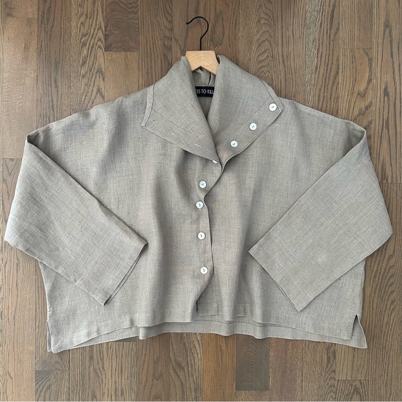 Dress To Kill Tops - Dress to Kill Asymmetrical Linen Long Sleeve Button Blouse Tan Brown Medium
